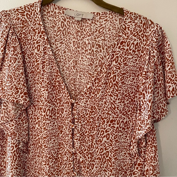 LOFT Brown Animal Print Short Sleeve Blouse with Ruffles - Picture 2 of 4